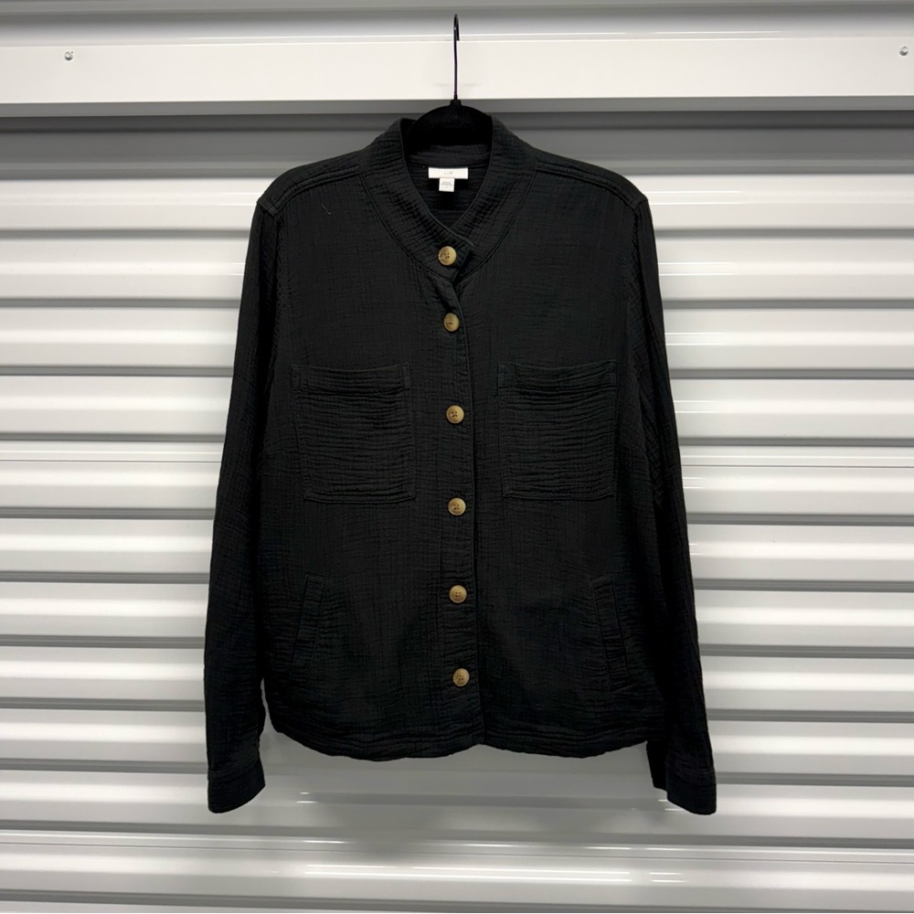 J. Jill Black Textured Cotton Button Front Jacket Large